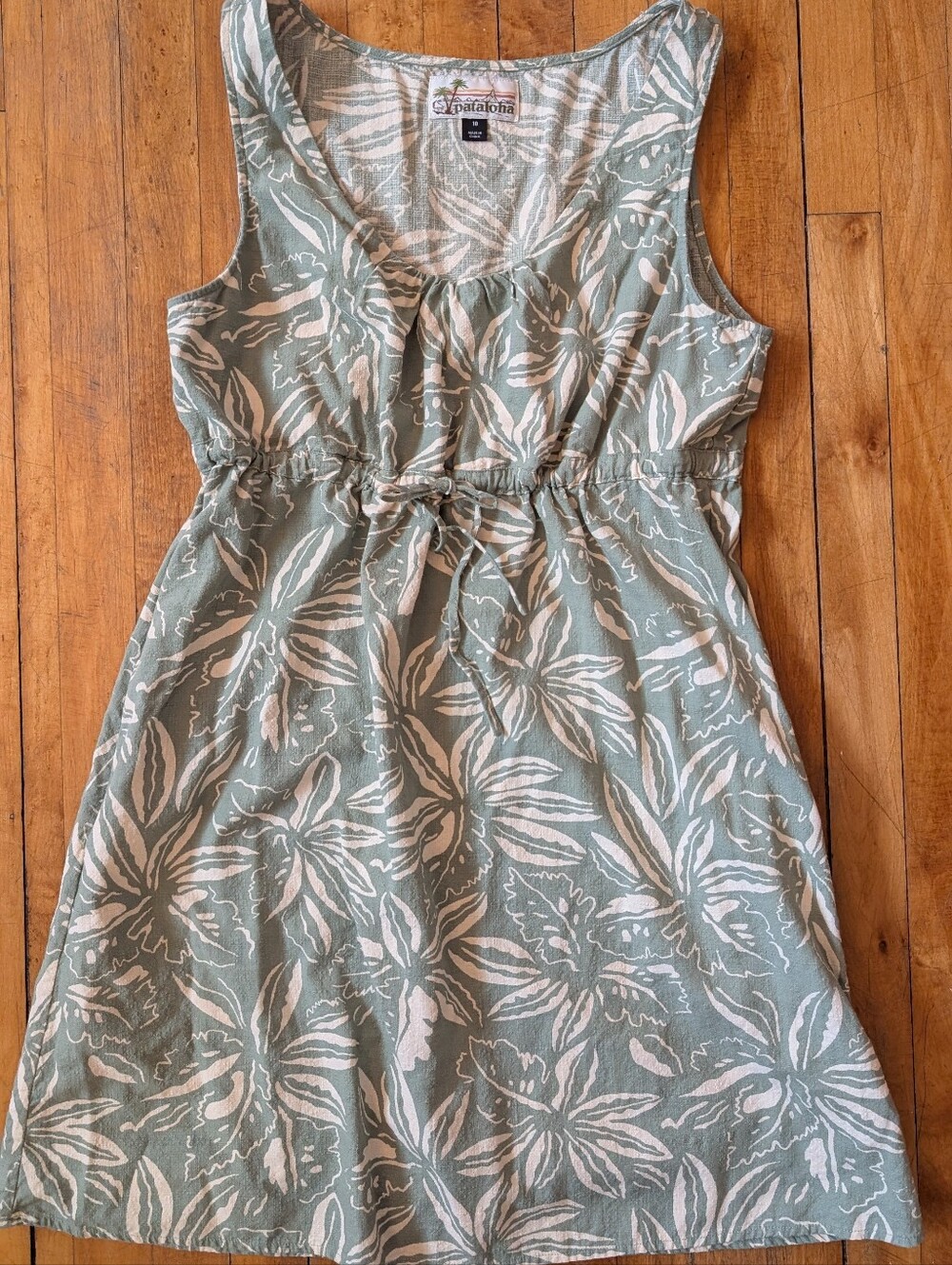Patagonia Pataloha 10 Sage Green Tropical Floral Cottom Linen Summer Mini Dress